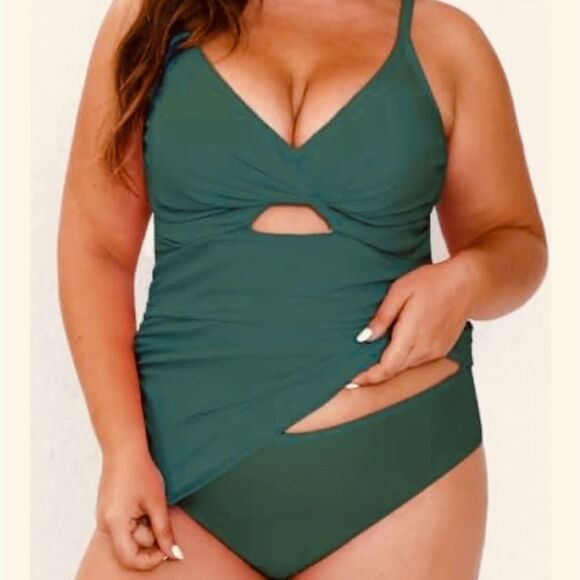CUPSHE Tankini Swimsuit Cutout Ruched Mid Rise Reversible Bottom Size 3X NEW - Picture 5 of 16